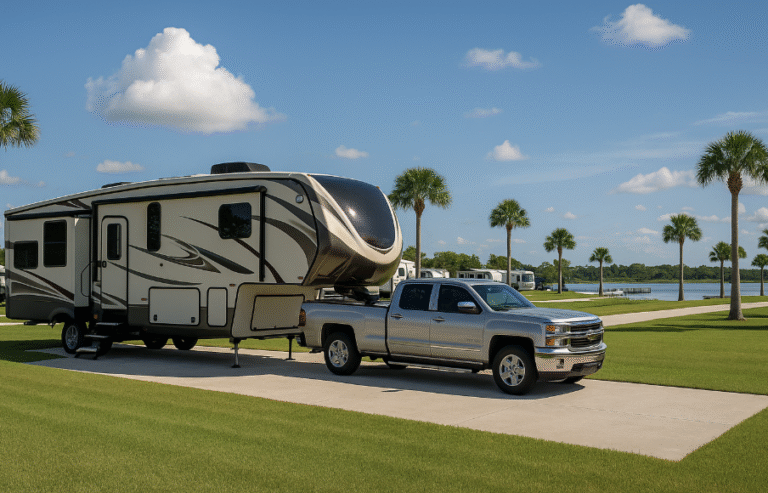 Someone pulling in an RV into a spot